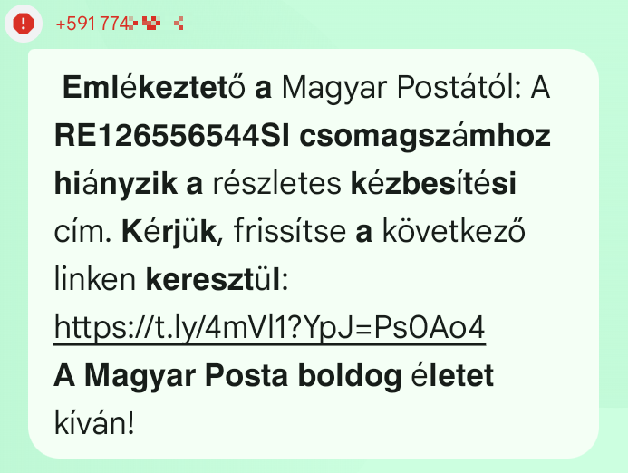 csaló SMS a Magyar Posta nevében